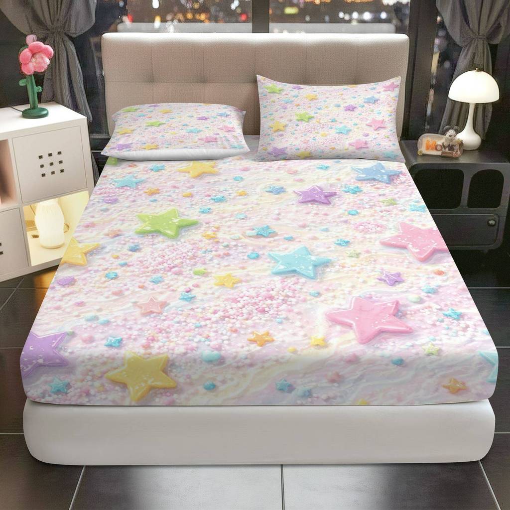 Conjunto De Lençóis Com Elástico Starry Pastel Galaxy 3 Unidades | 1 Lençol + 2 Fronhas Sem Núcleo