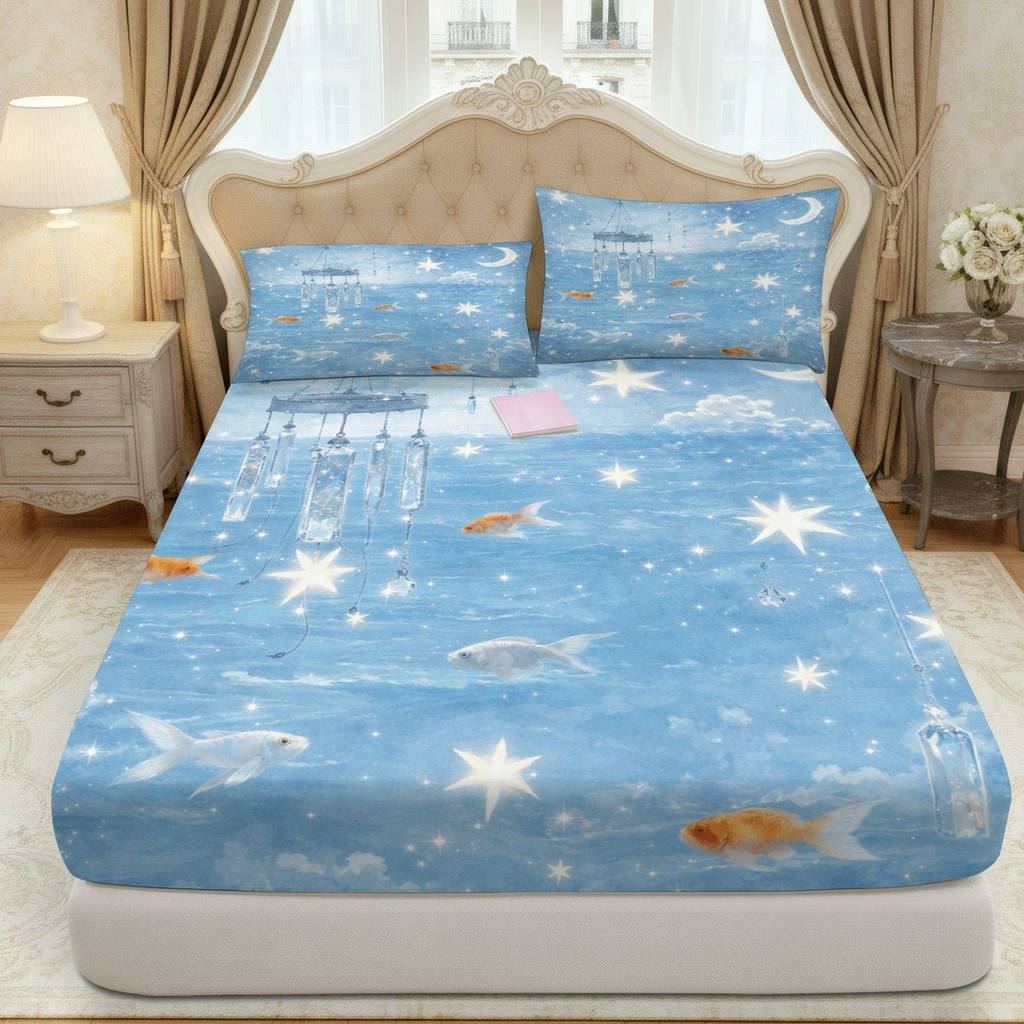Conjunto De Lençóis Com 3 Peças Starry Fish Sky | 1 Lençol + 2 Fronhas Sem Núcleo, Tema De Férias