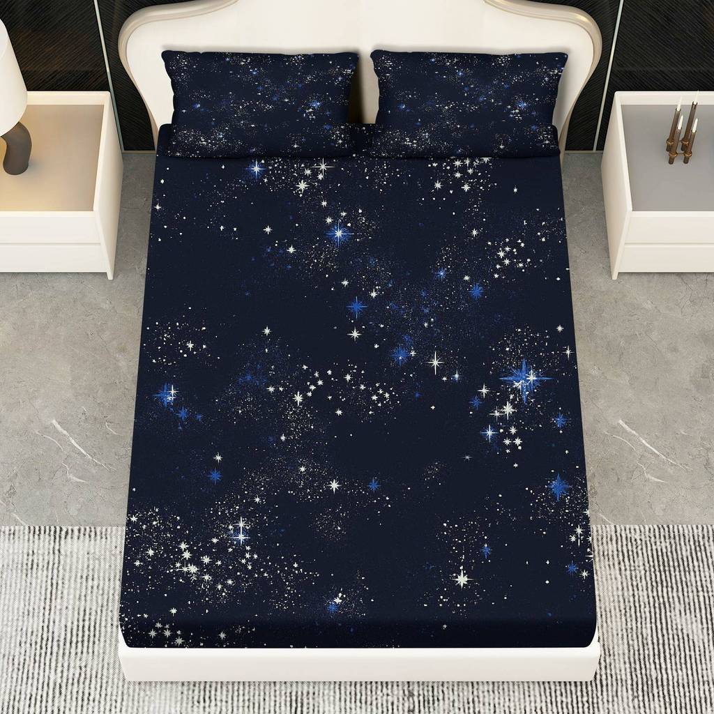 Conjunto 3 Peças Lençol Cosmic Starry Night Galaxy (1 Justo+2 Fronhas, Sem Núcleo), Tema Natal