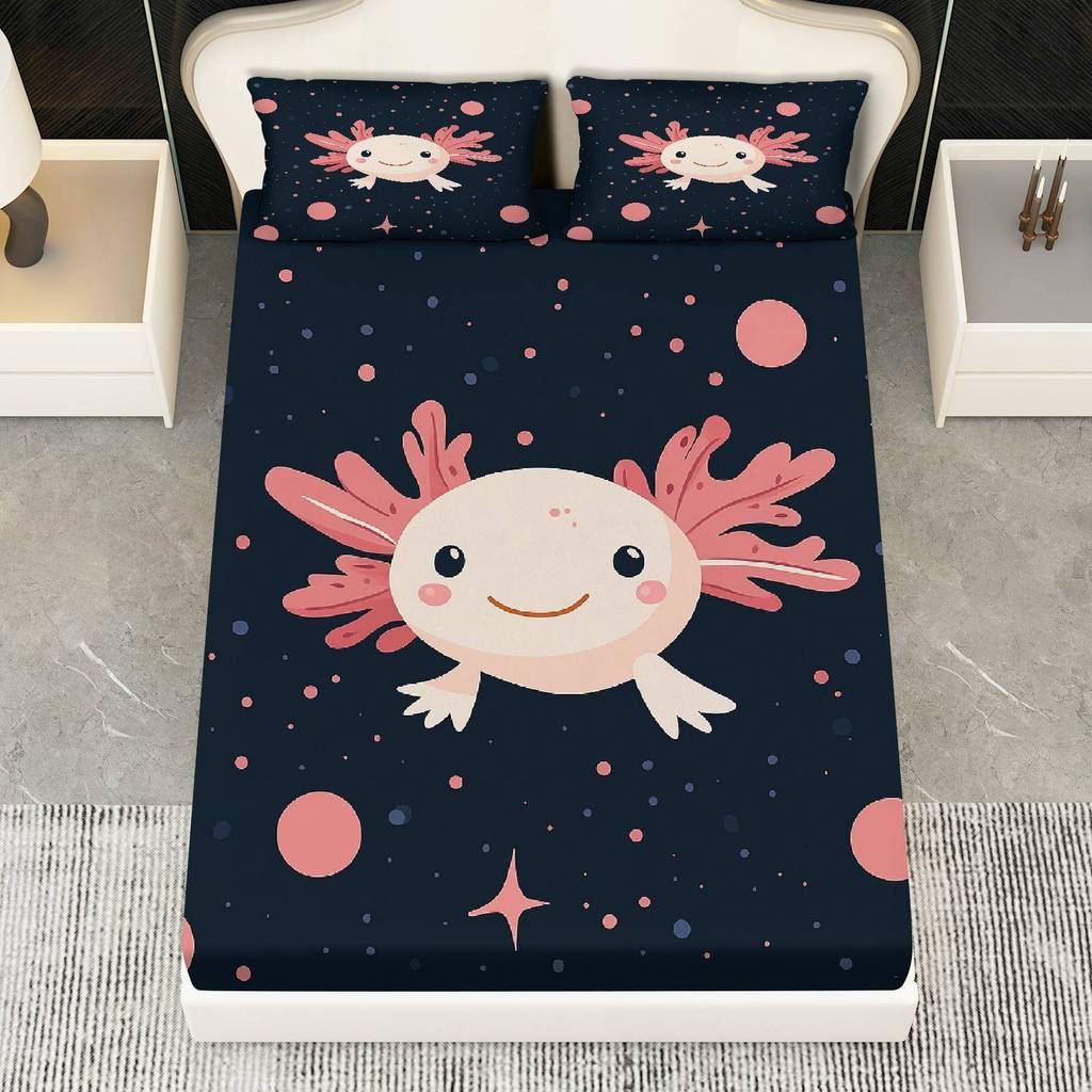 Conjunto Lençóis Fofos Axolotl Starry Night 3 Unidades |1 Lençol+2 Fronhas Sem Núcleo, Tema Feriados
