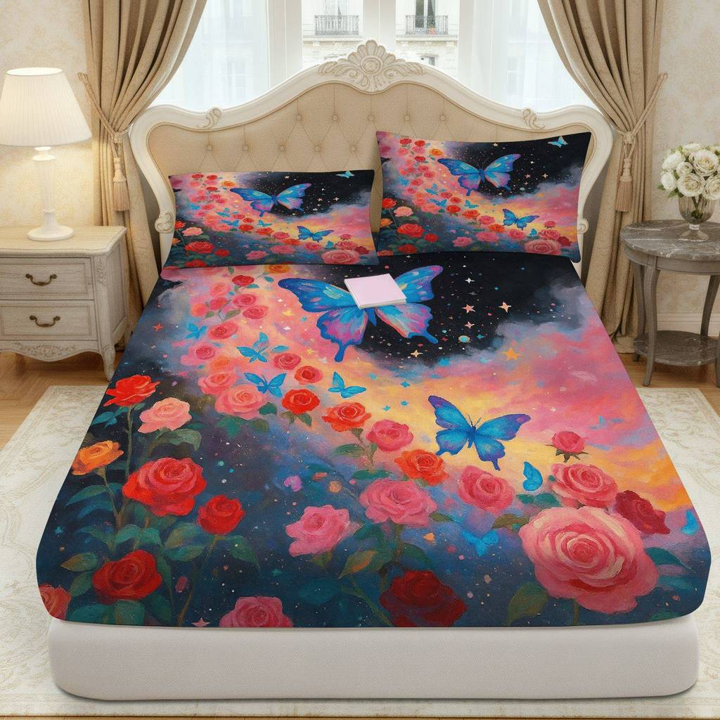 Conjunto De 3 Lençóis Com Elástico Butterfly Rose Starry (1 Lençol + 2 Fronhas, Sem Núcleo)