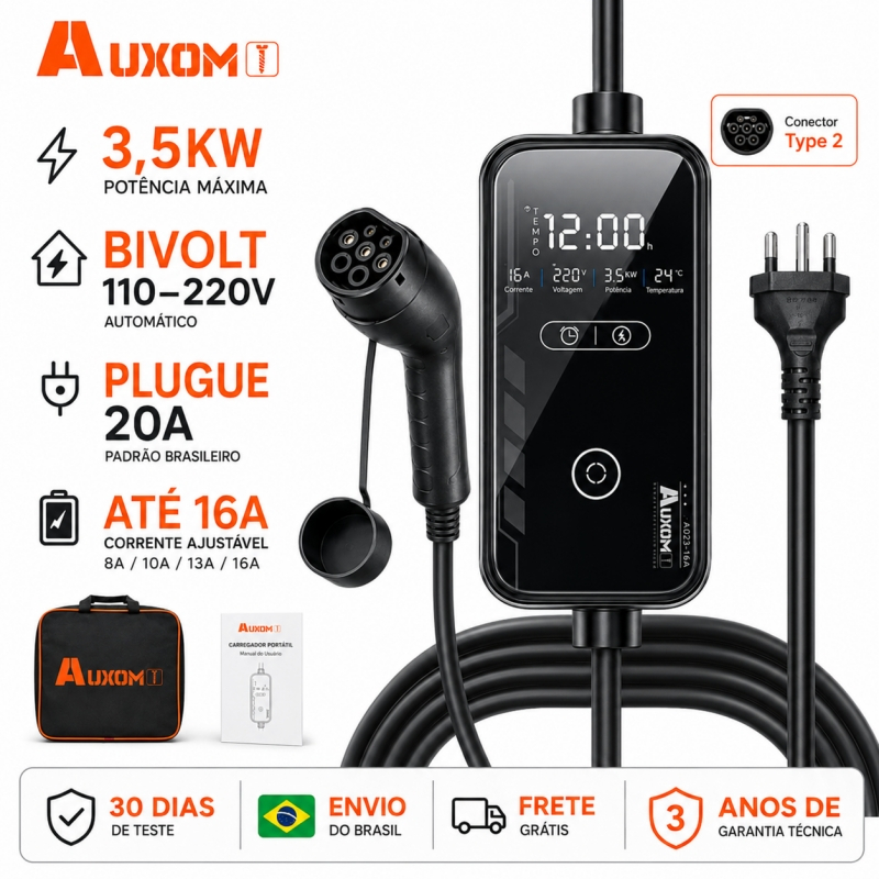 Carregador Portátil Para Carro Elétrico AUXOM 3,5kW Type 2 Bivolt 16A Cabo 5m Plugue 20A