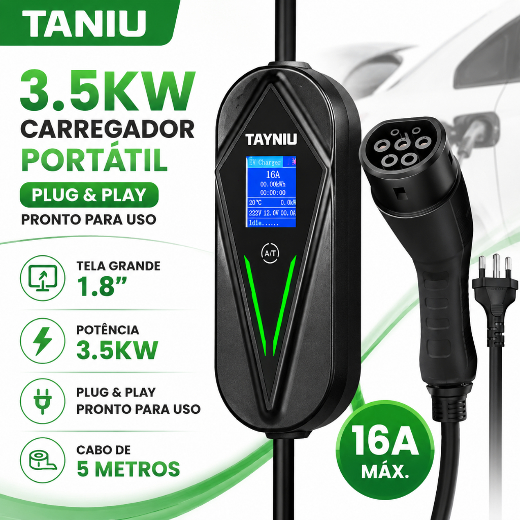 TAYNIU Carregador para Carros Elétricos e Híbridos 3.5kW Plug and Play com Cabo 5m Use em Qualquer Tomada 20A