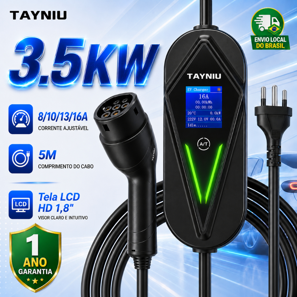 Carregador Portátil 3.5kW TAYNIU Voltix Tipo 2 16A Ajustável Cabo 5m Tela 1.8