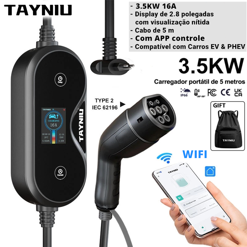 Carregador para Carro Elétrico Portátil 3.5KW TAYNIU Tela Display 2.8 Polegadas APP Controle para BYD Dolphin Mini Uso