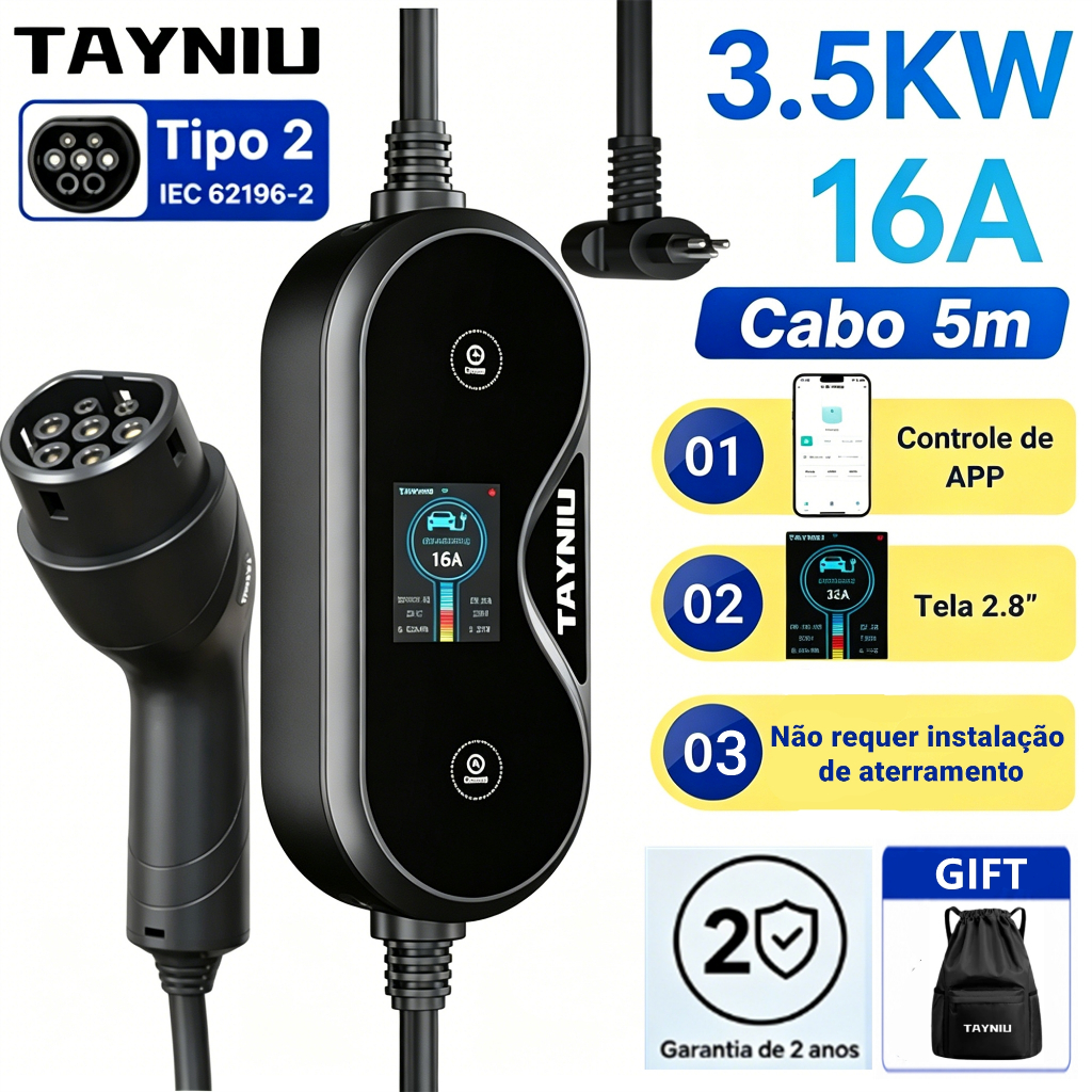 Carregador Portátil TAYNIU  3.5KW 16A Cabo 5M Tela 2.8