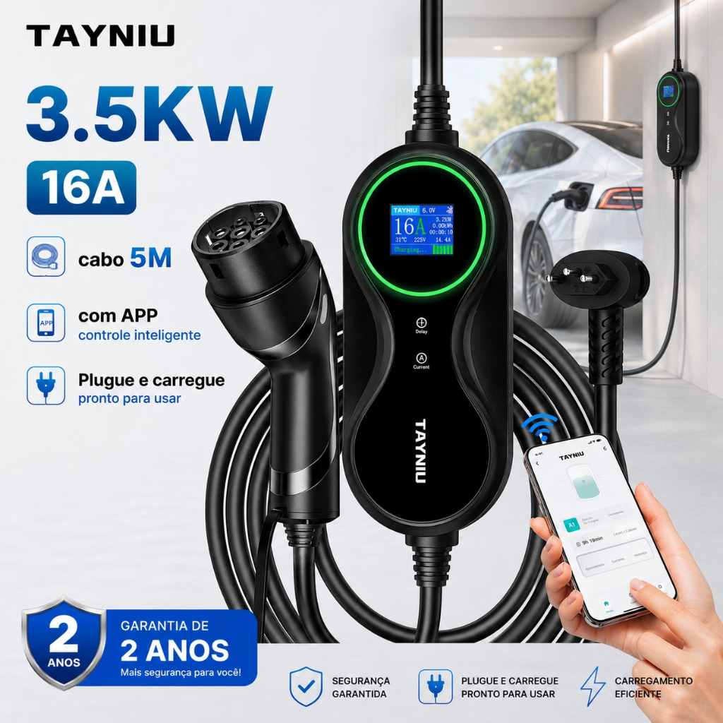 TAYNIU Carregador Carro Elétrico Portátil 3.5KW 16A e Tipo 2 de 5 Metros para BYD Dolphin e EV/PHEV