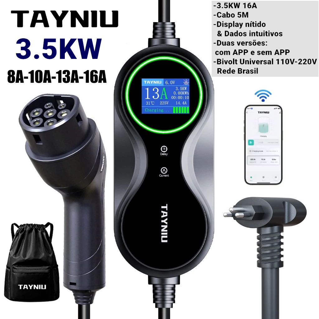 TAYNIU Carregador de Carro Elétrico 3.5kw Portátil Tipo 2 com Display com dados de carga intuitivos para Carros EV Uso