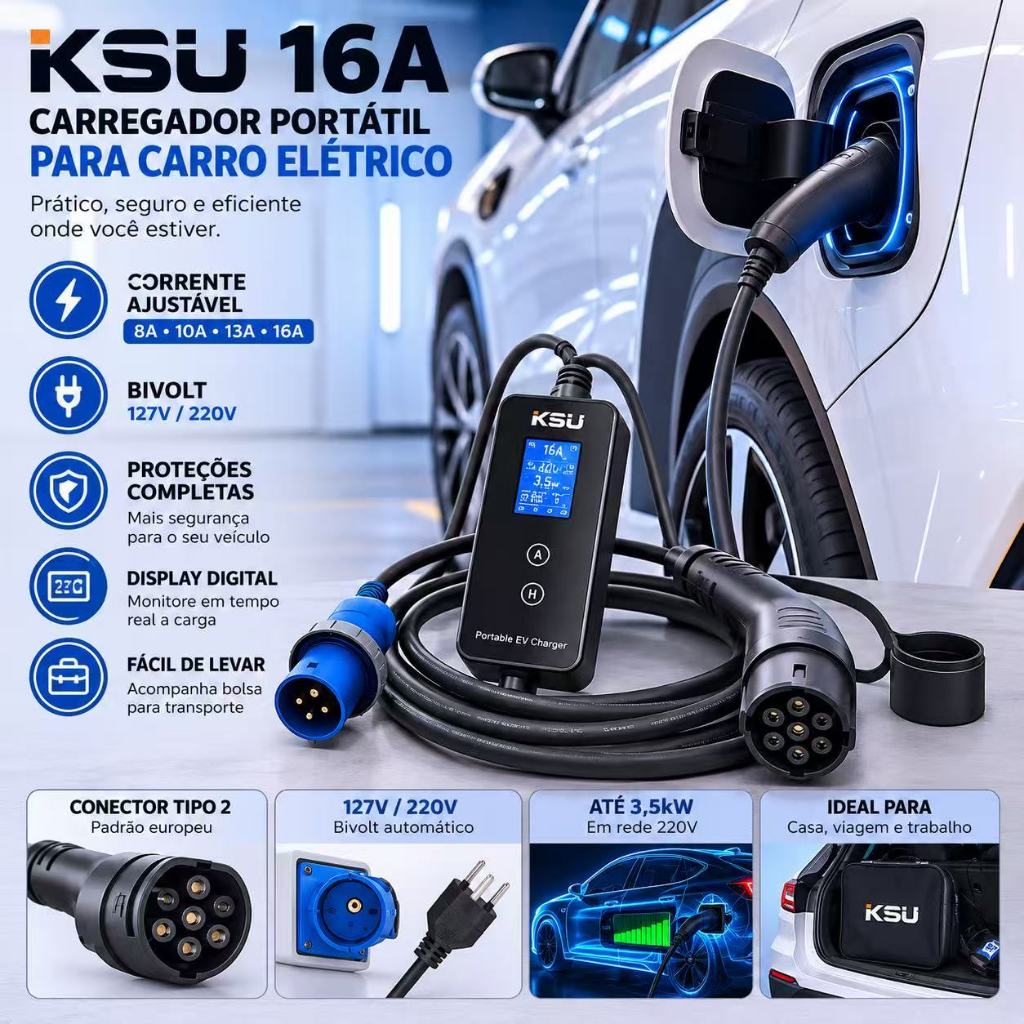 Carregador Portátil Carro Elétrico Tipo 2 16A Bivolt 3,5kW com Display KSU