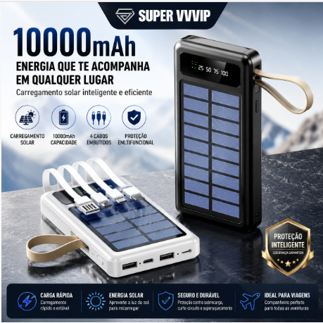 【Brasil Spot Sale】Carregador Portátil Power Bank Solar Bateria 10000mah Com cabos Universal 5 Em1 LED lanterna
