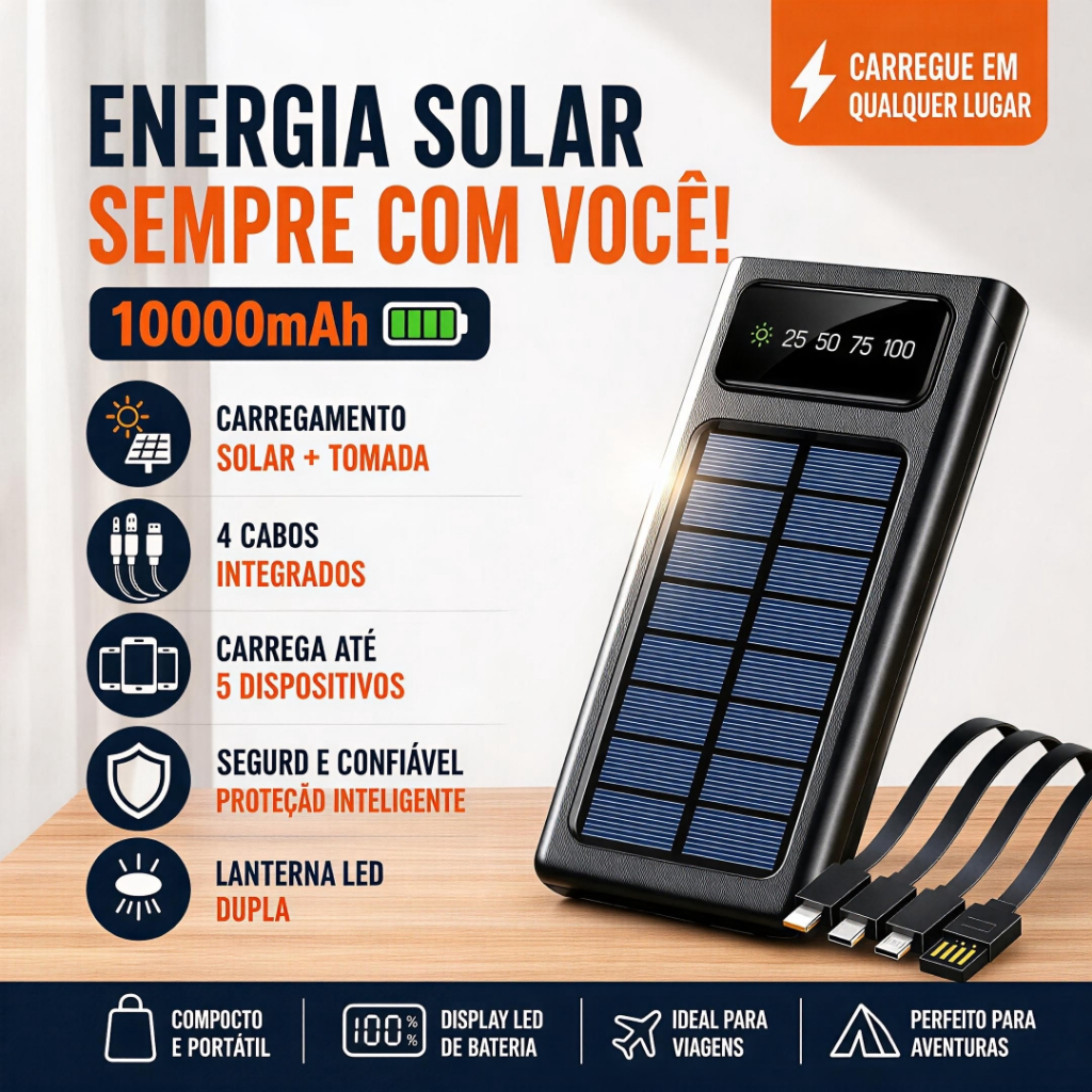Carregador Portátil Solar 10000mAh Com 4 Cabos Integrados - Power Bank Rápido Para Celular Android e iPhone