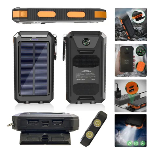 Power Bank Solar 10000mAh Carregador Portátil Painel Solar Dupla Saída USB com Lanterna ,Ideal para Viagem e Camping