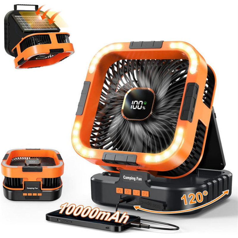 Ventilador solar de camping com luz - Bateria recarregável portátil de 10000mAh , ideal para casa, barracas, viagens