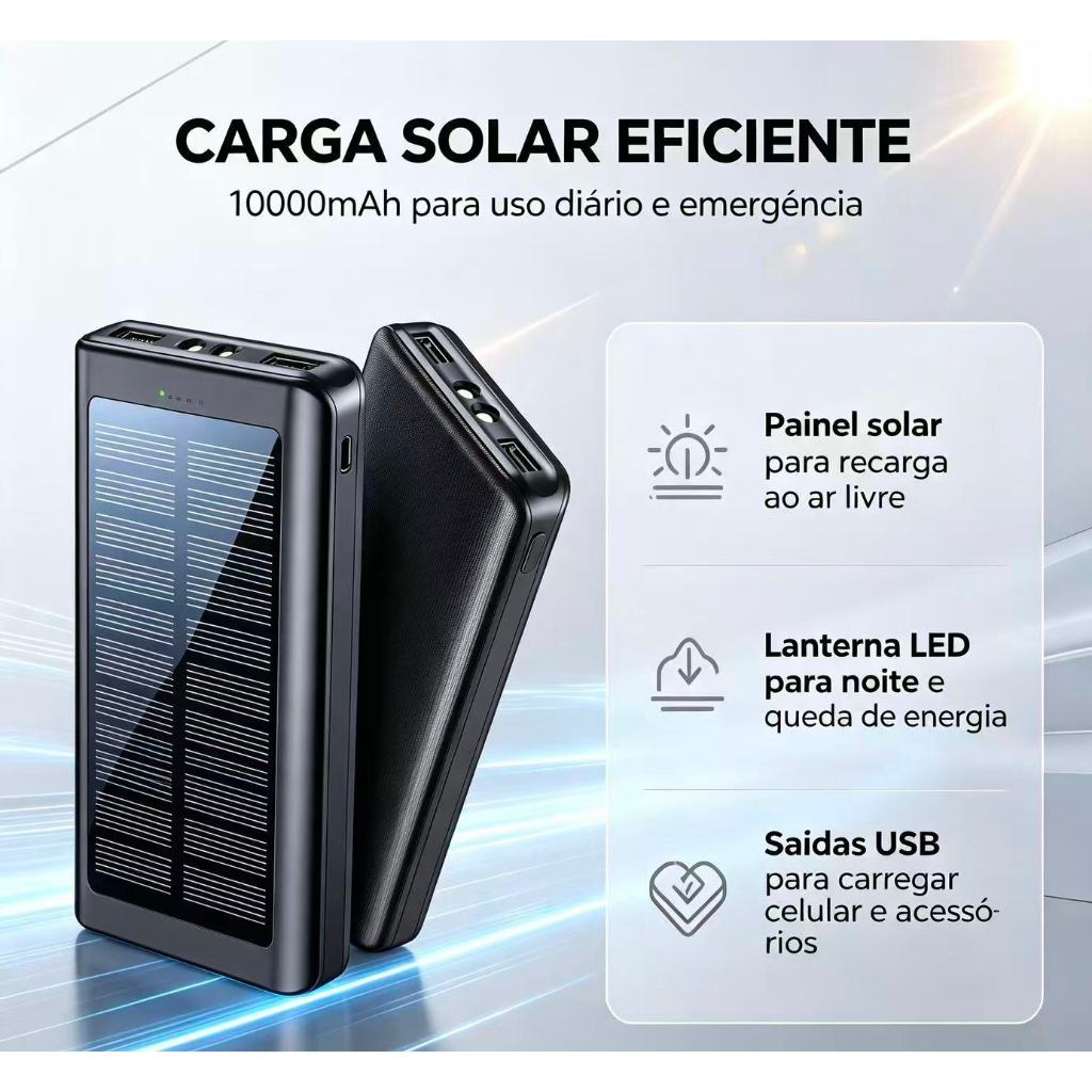 Bateria externa portátil recarregável de 10000mAh com energia solar, interface USB e lanterna