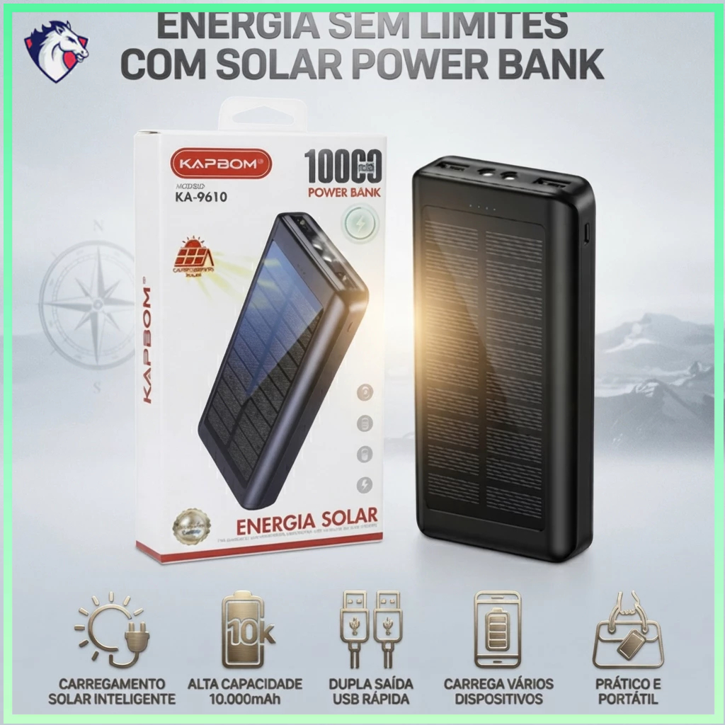 Power Bank 10000mAh Solar com Lanterna LED, Bateria Externa USB Portátil para Celular e Viagem