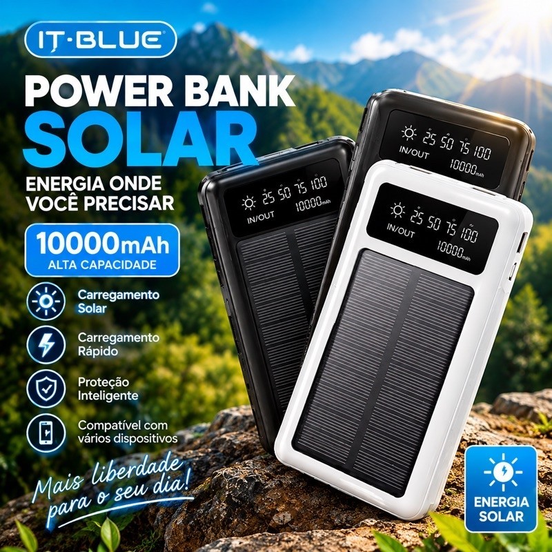 Carregador Portátil Power Bank Solar 10000mAh IT-BLUE USB Tipo-C Celular