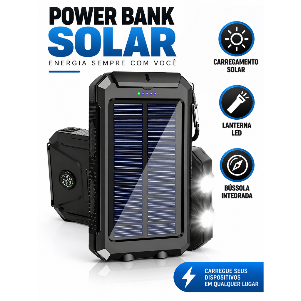 Carregador Portátil Power Bank Solar 10000mAh com Lanterna LED