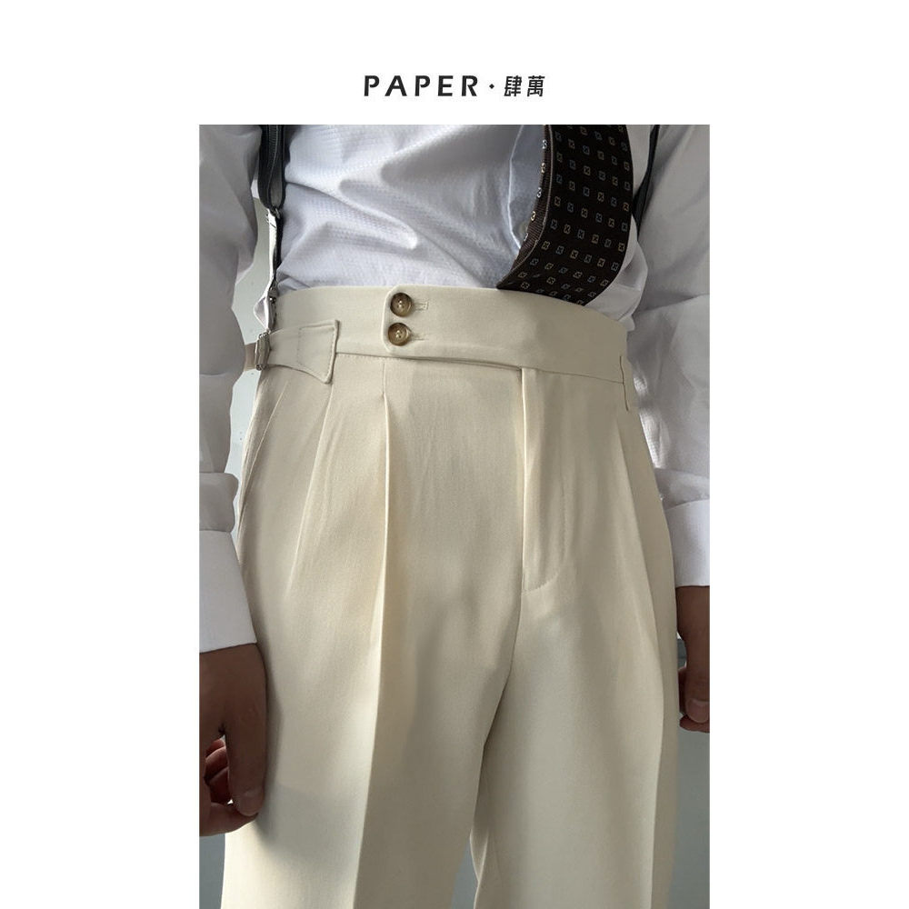 P PAPEL Siwan Retro Temperamento Neples Calças de cintura alta Casual Business Slim-fit Calças sem ferro Ruffian Hands