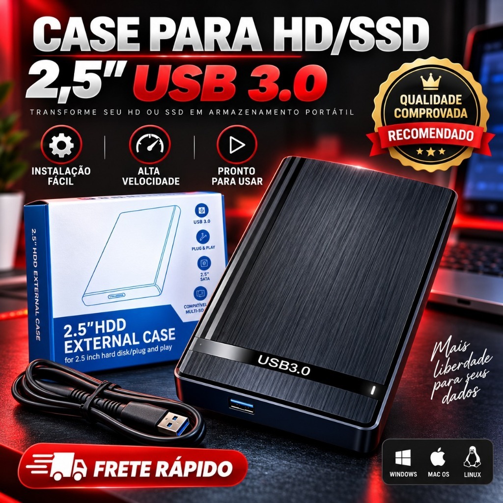 Case Hd Ssd Externo 2.5 Usb 3.0 Flash Plug Play 6Gbps Pc Notebook Ps4 Xbox One Alta velocidade