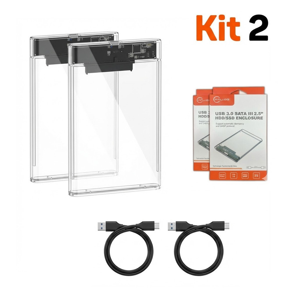 Case Gaveta HD SSD 2.5 Sata III USB 3.0 Transparente Externo 6Gbps PC Notebook PS4 Kit 2  anjgg