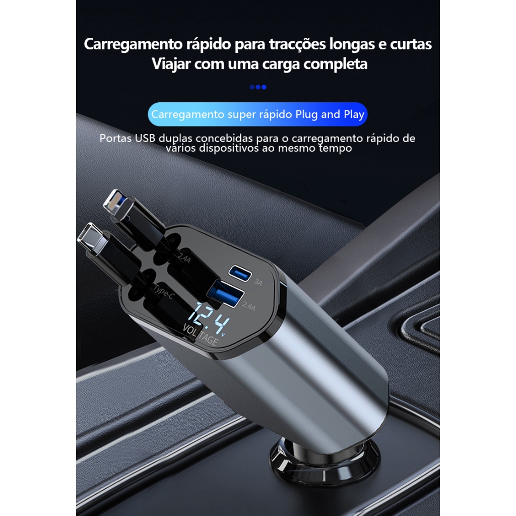 Portátil 4-Em-1 Carregador De Carro Universal Cabo Usb Display Digital Retrátil Adequado Para Telefones