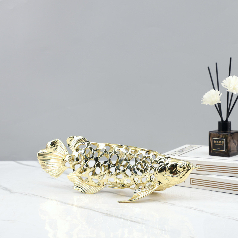 DTJ6 Modern minimalist metal hollowed-out golden dragon fish art decoration, suitable for living rooms, hallways, studie