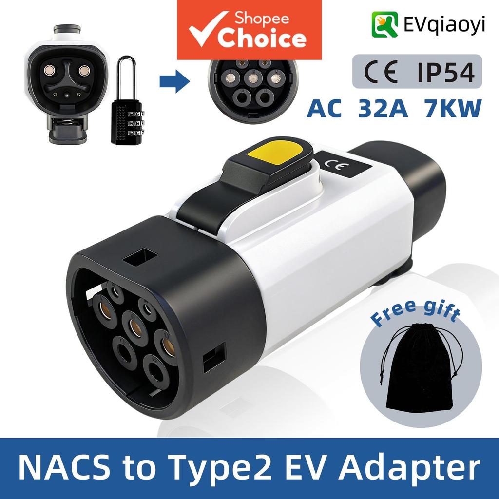 Adaptador EVqiaoyi NACS para Tipo 2 32A 7KW, permite carregar veículos elétricos Tipo 2 em estações de carregamento