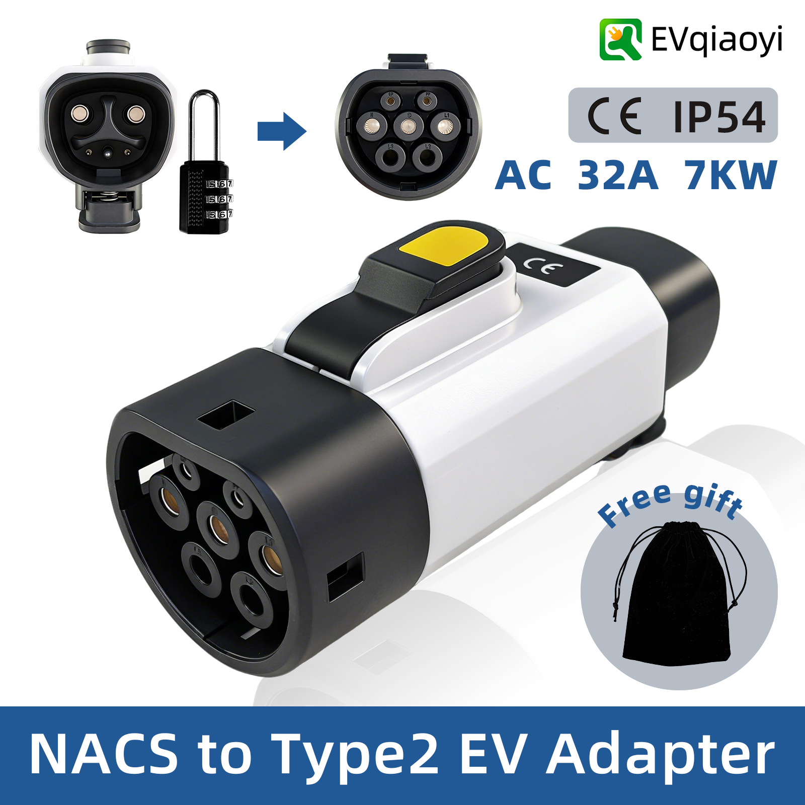 Adaptador EVqiaoyi NACS para Tipo 2 32A 7KW – Conecte e carregue veículos Tipo 2 em estações Tesla