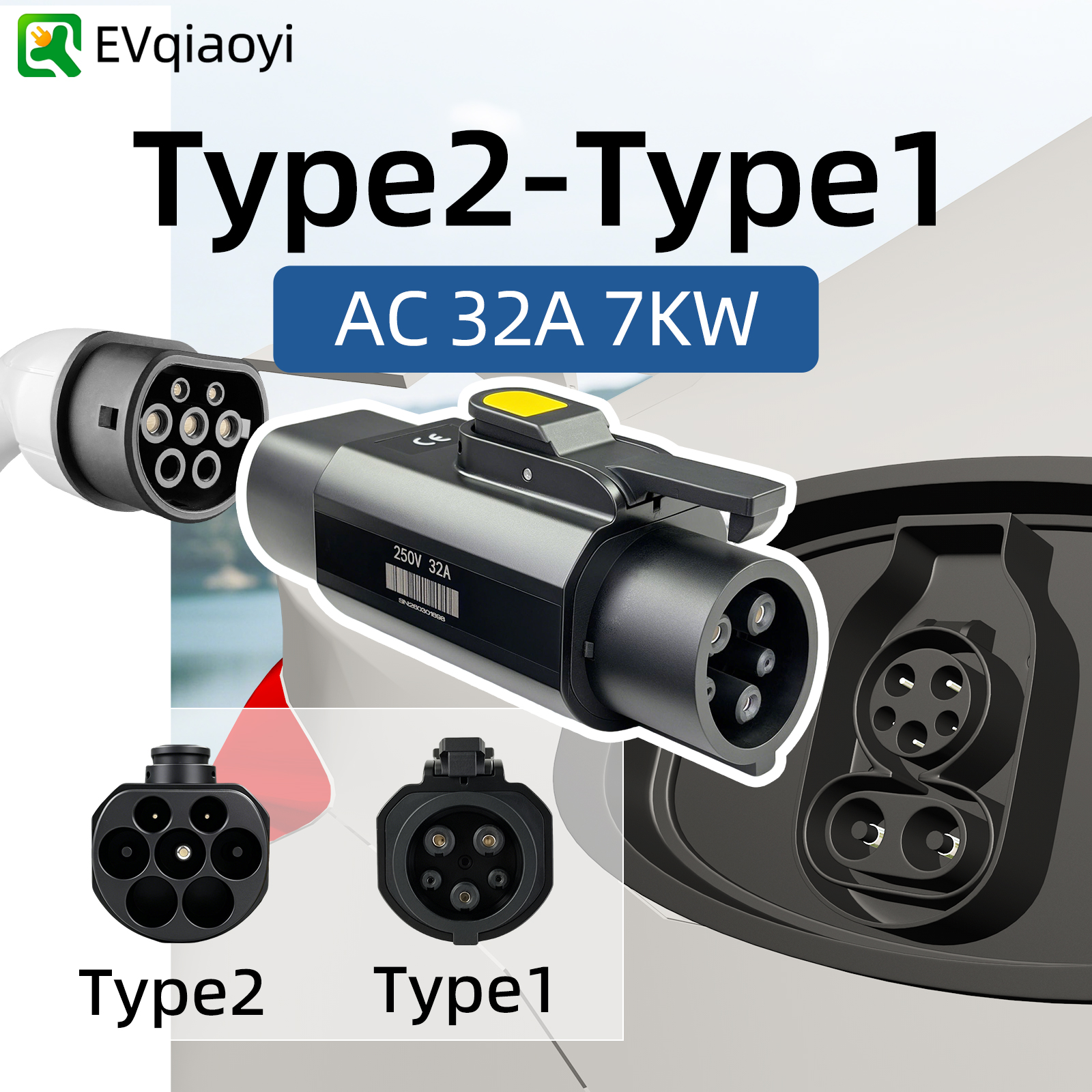 Adaptador De Carregamento Evqiaoyi Tipo 2 Para 1 Ev 32a 7kw Com Botão Liga/Desliga Conversor Portátil J1772 Evs
