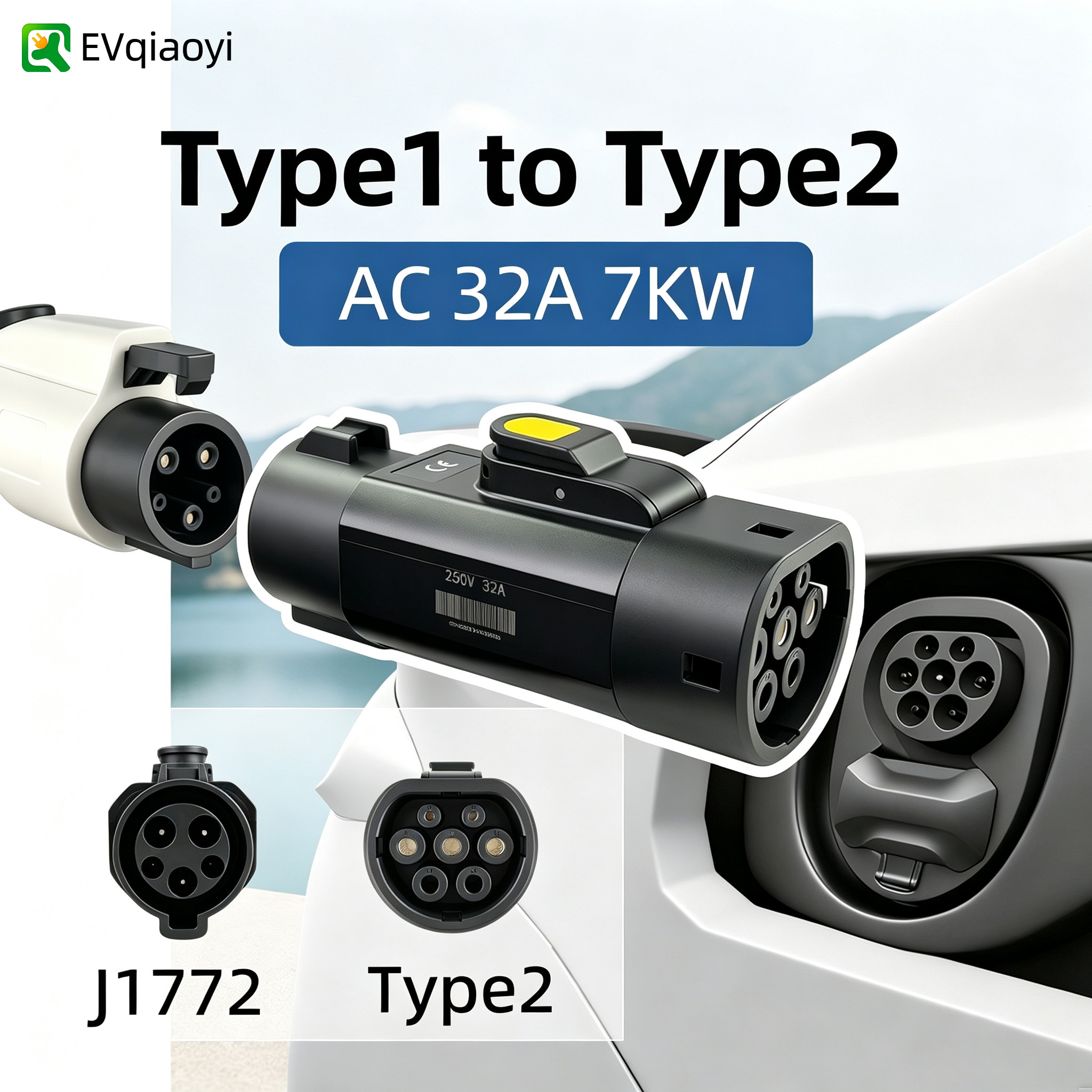 Evqiaoyi Tipo 1 Para 2 Ev Adaptador De Carregamento 32a 7kw Conversor Portátil Acessórios Carro Veículos Elétricos