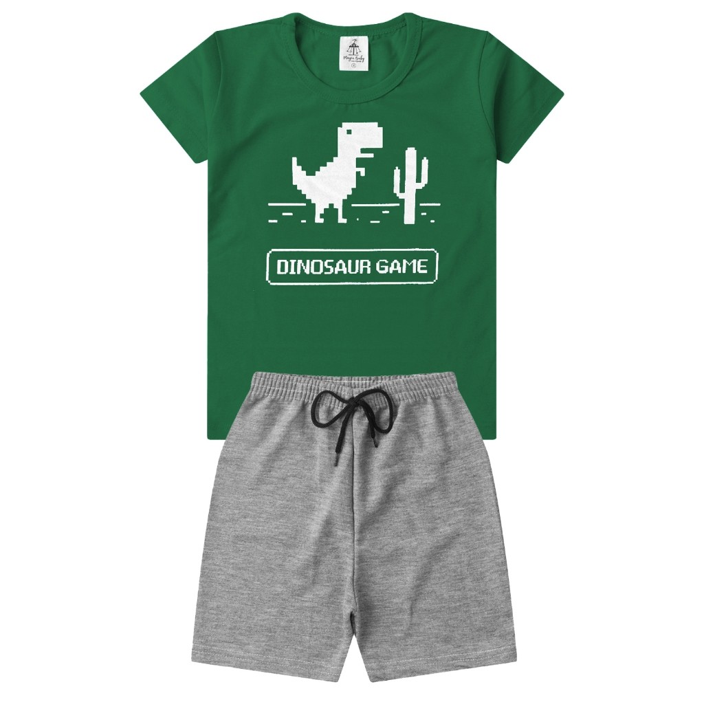 Conjunto Infantil Dinosaur Game Verde Menino - Duas Peças: Bermuda + Camiseta - Tamanho 06 a 14