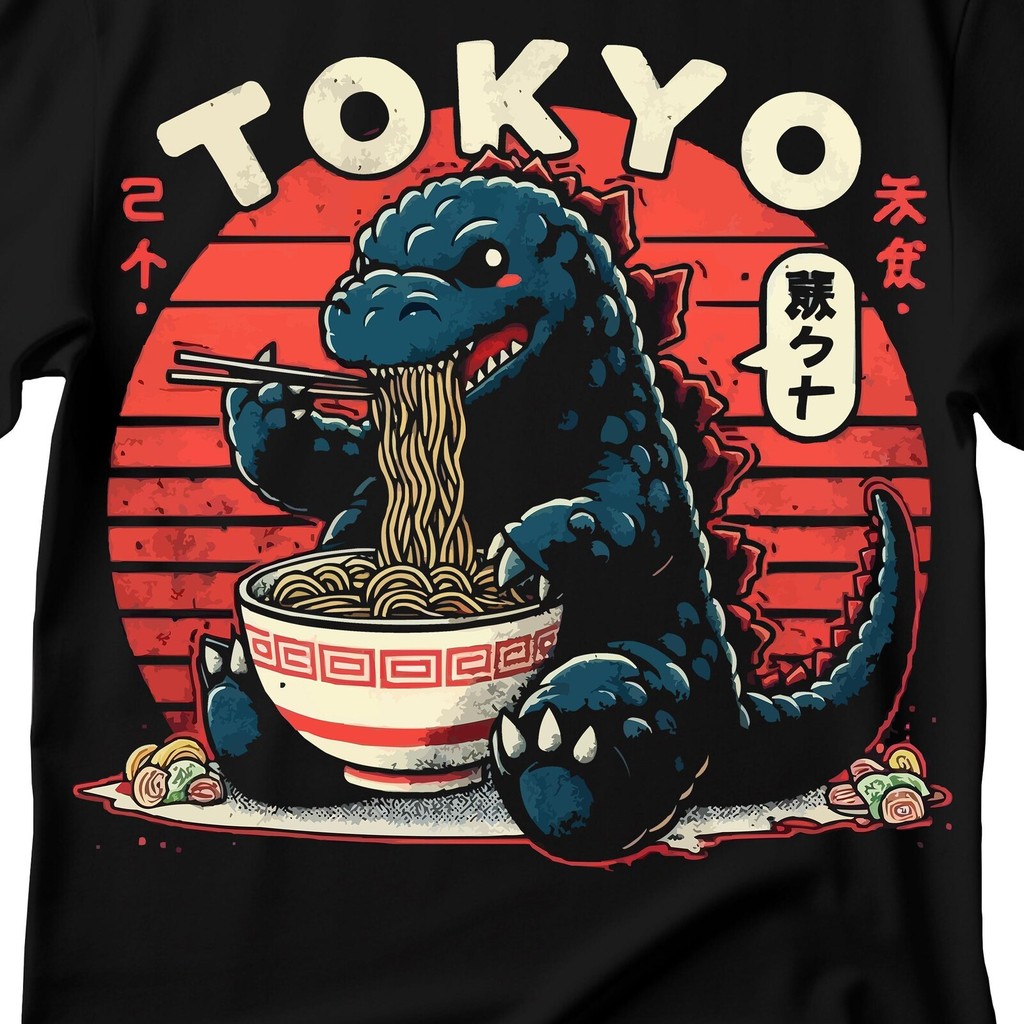 Camiseta Masculina Feminina Premium Algodão Vintage Godzilla Giant Monster Eating Ramen Funny Godzilla Ramen Dinosaur