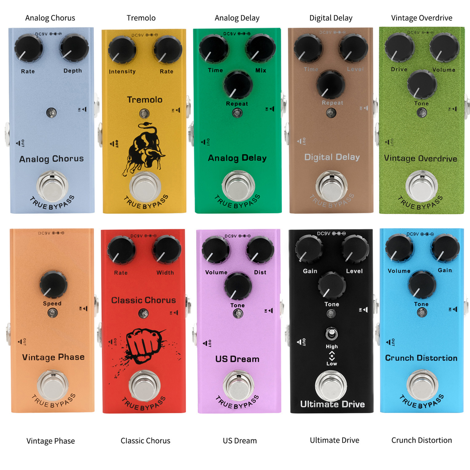 Pedal de Guitarra Elétrica: Overdrive Vintage / Distorção Crunch / Distorção / US Dream / Chorus Clássico / Phase
