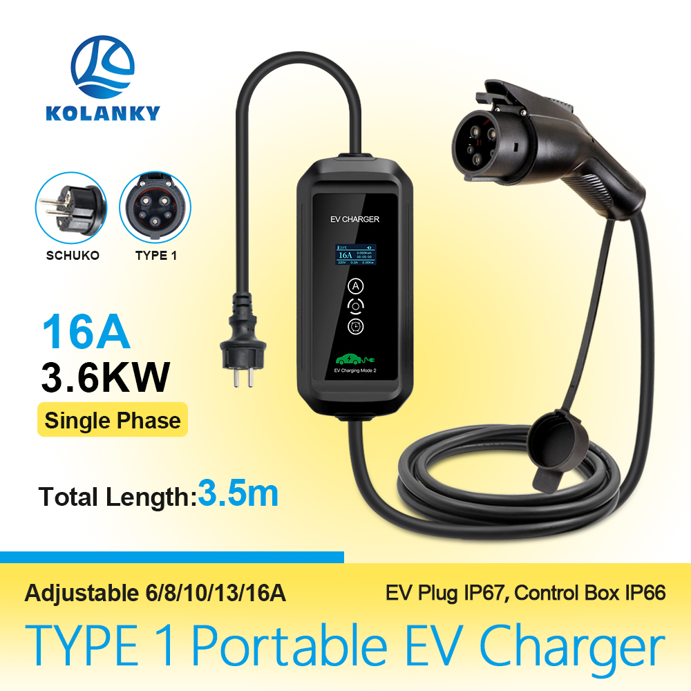 Caixa de parede EVSE Carregador Portátil Tipo 1 para Veículo Elétrico/Híbrido com Temporizador, 3,5m, 16A, 3,6kW
