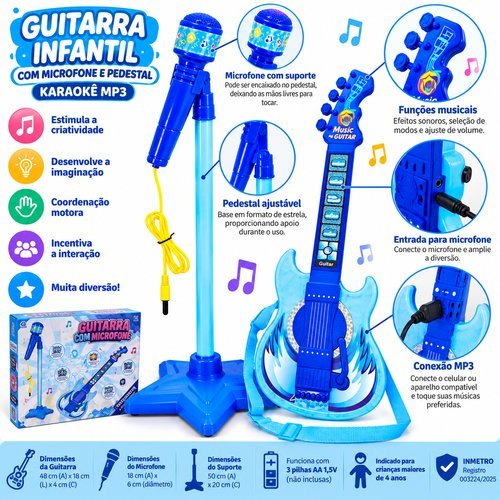 Guitarra Infantil Portatil Com Microfone Tripode Karaoke Mp3 Bluetooth Rosa Azul 50cm