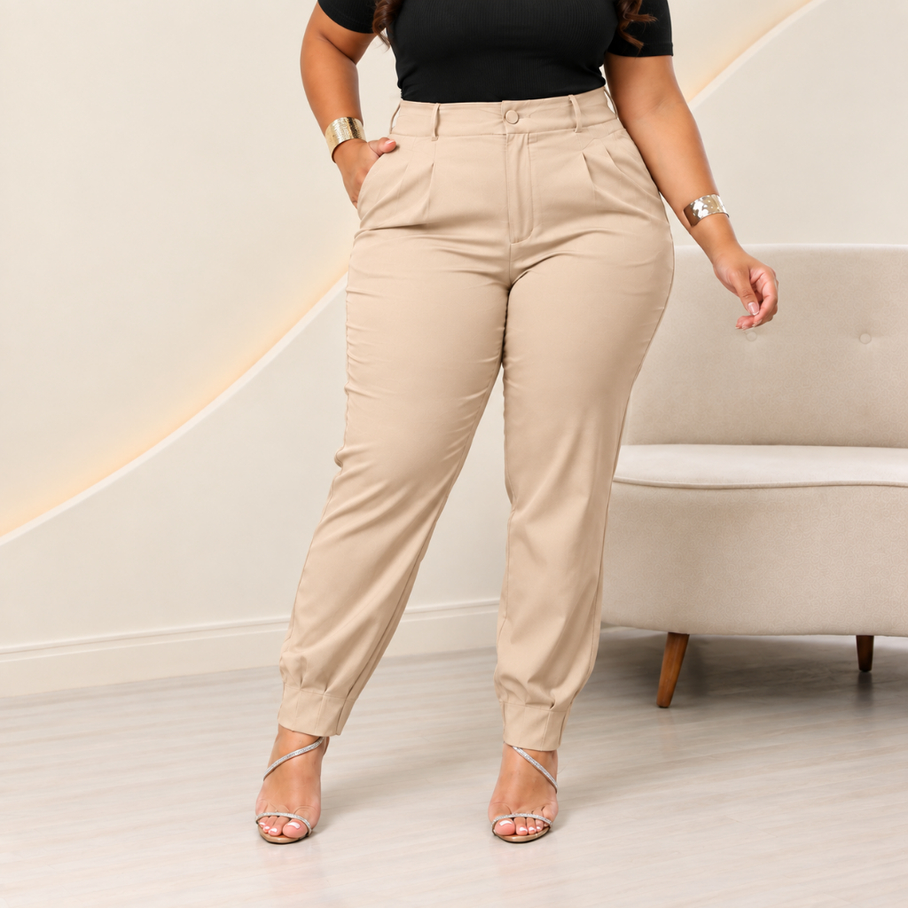 Calça Cenoura Plus Size Feminina Alfaiataria Urbana Tapered Cintura Alta Premium Office Look Fashion