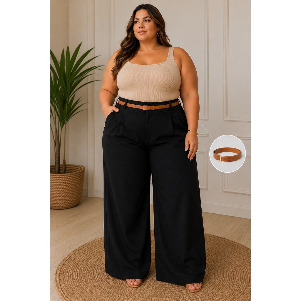 Calça Pantalona Plus Size Feminina Preta Cintura Alta com Cinto e Pregas - Moda Executiva/Office