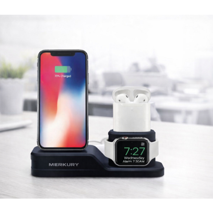 3 em 1 estação de carregamento desktop iPhone, Apple Watch, AirPods Merkury Preto