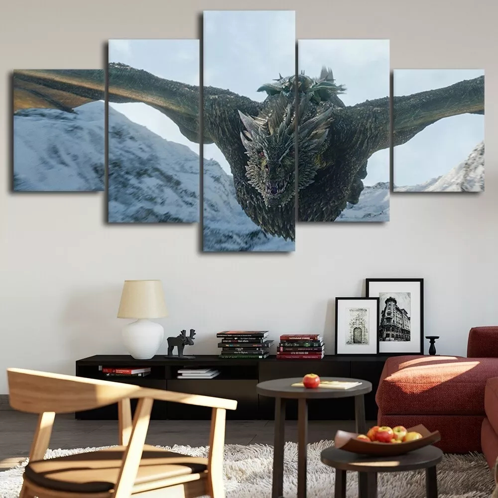 Quadro Decorativo Mosaico 5 Peças Dragão Game Of Thrones