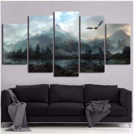 Quadros Decorativos mosaicos 5 peças  Game of thrones motanhas com dragão para sua casa, quarto ou sala