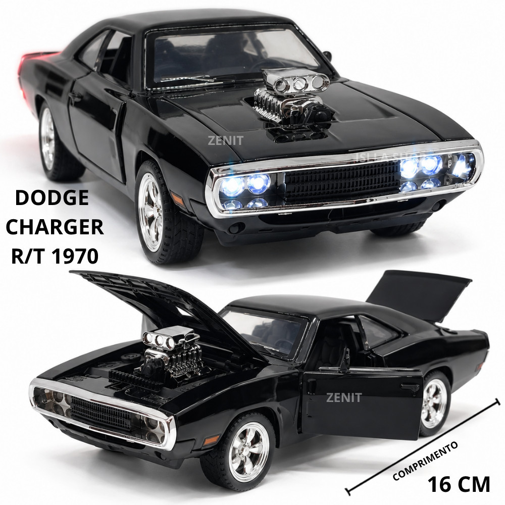 Dodge Charger R/T 1970 16cm com Som e Luz Farol Abre Portas e Capô