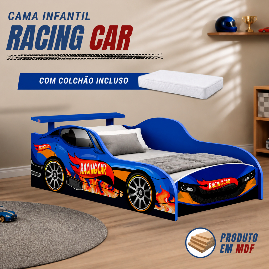 Cama Infantil Racing Car Azul em MDF com Colchão Solteiro