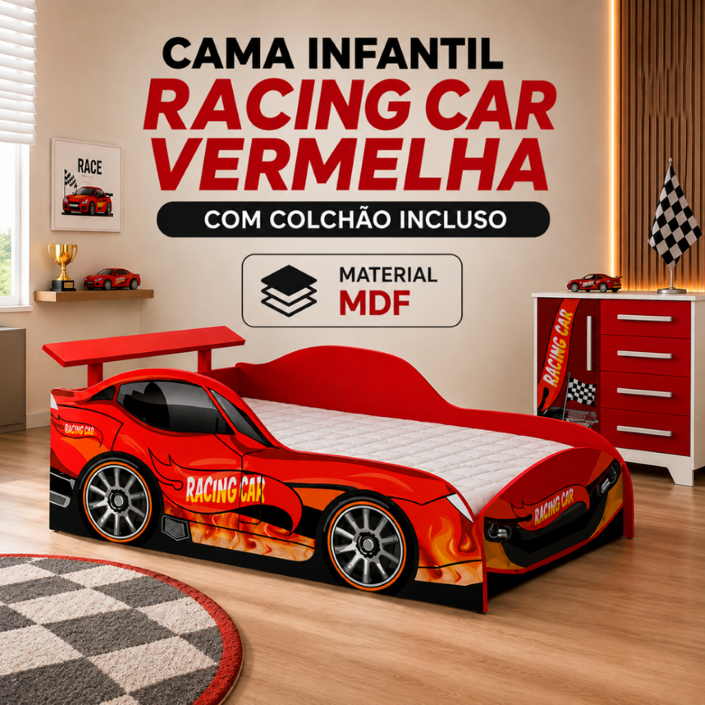 Cama Infantil Carro de Corrida Vermelha em MDF com Colchão Antiácaro