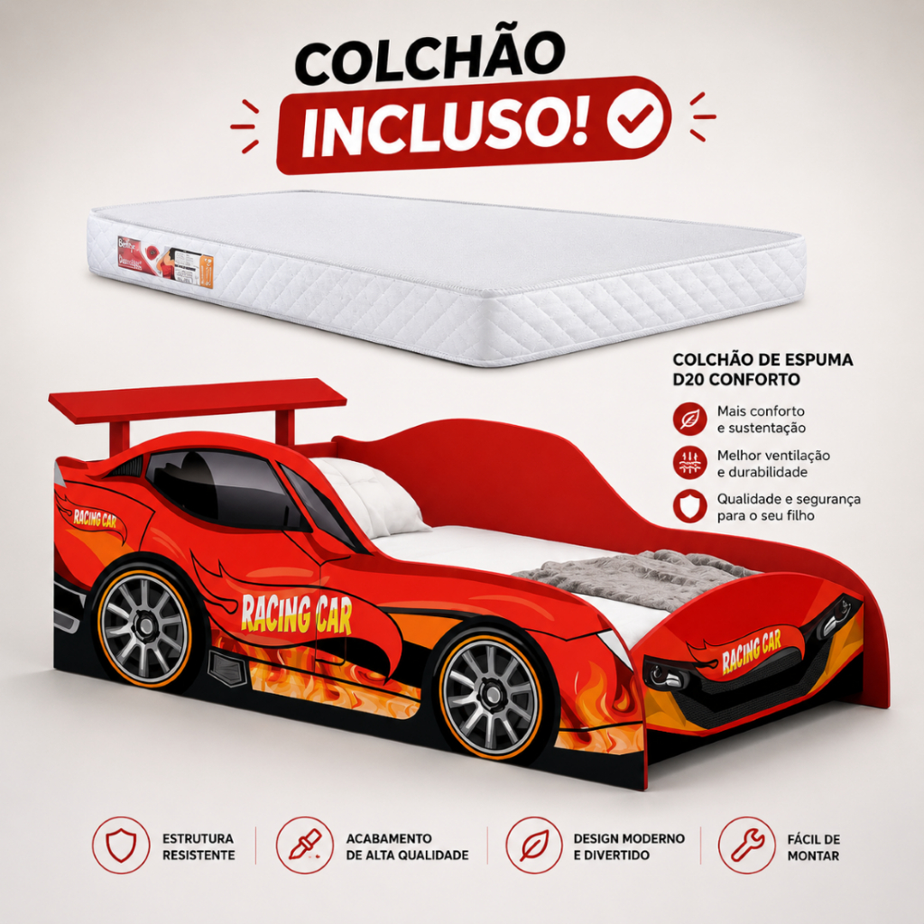 Cama Carro Infantil Racing Car Vermelha em MDF com Colchão Solteiro