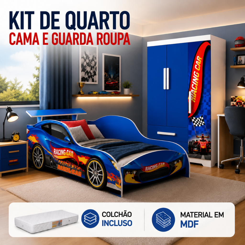 Conjunto Infantil Racing Car Azul Cama com Colchão Antiácaro e Guarda-Roupa