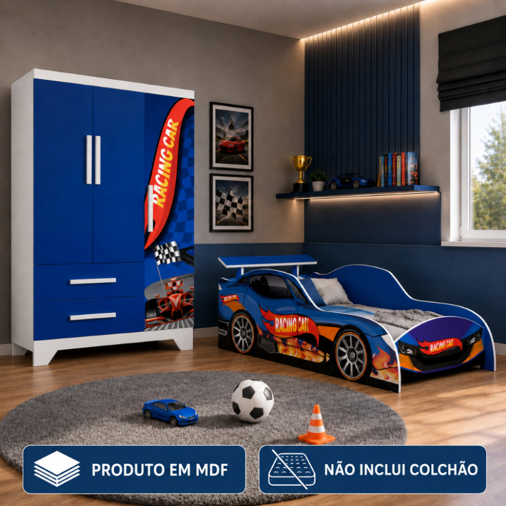 Jogo de Quarto Infantil em MDF Racing Car Azul com Cama e Guarda-Roupas