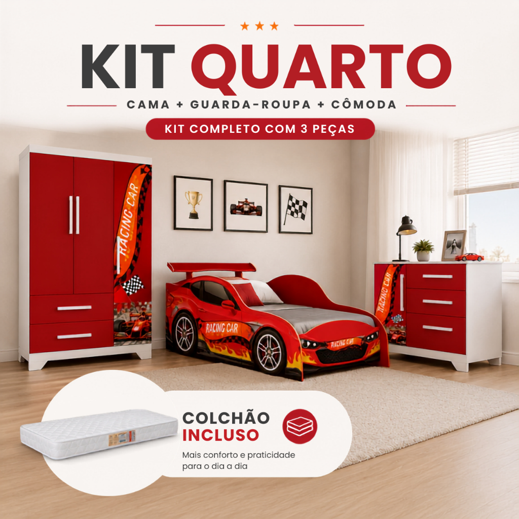 Conjunto Quarto Infantil Racing Car Vermelho – Cama Montessori com Colchão, Cômoda e Guarda Roupa