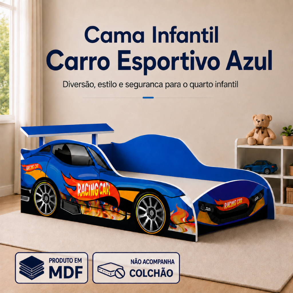 Cama Infantil Carro Esportivo Azul em MDF Racing Car Solteiro