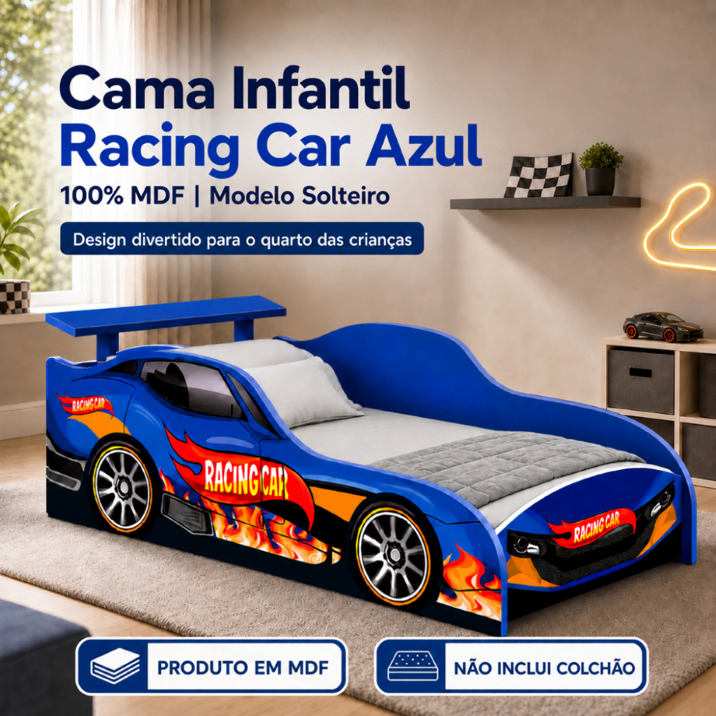 Cama Infantil Racing Car Azul em MDF Formato Carro de Corrida