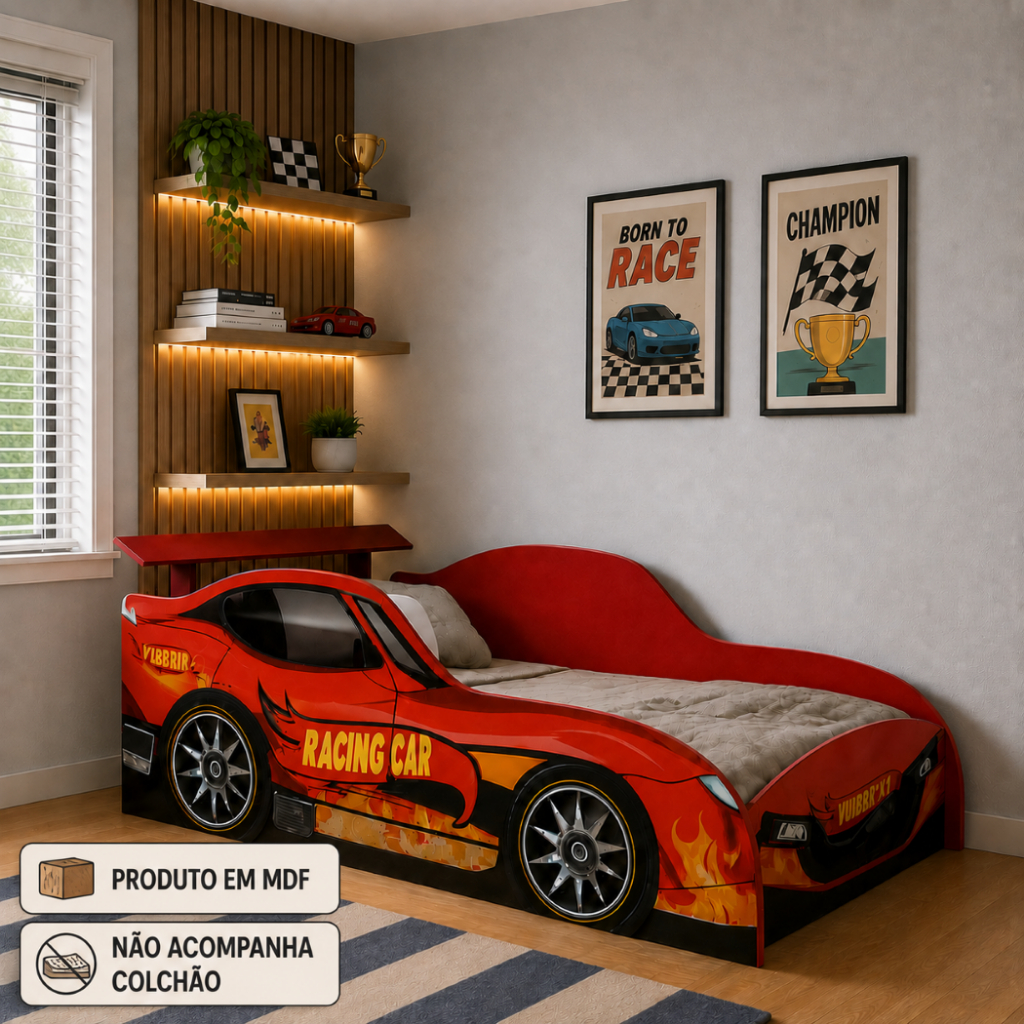 Cama Solteiro Infantil Carro de Corrida Vermelha em MDF